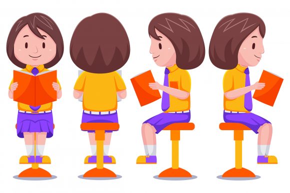 Girl Student Reading Book While Sitting Vector Assets
